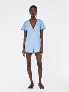 Zara Light Blue Short Sleeve Denim Romper
